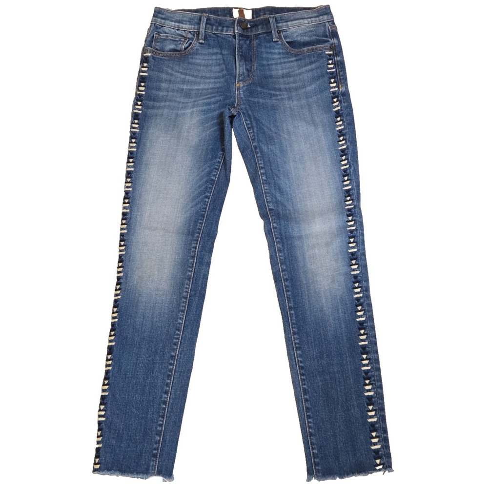 Driftwood Marilyn Skinny Jeans Raw Hem Women's Size 26 Blue/White Embroidery